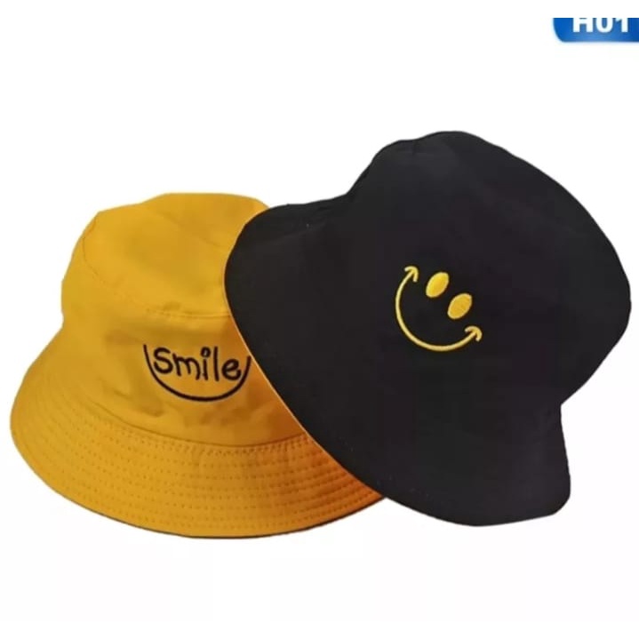 Topi Bucket Wanita Motif Bordir Smile Face untuk Outdoor bolak balik MODEL BARU MASA KINI