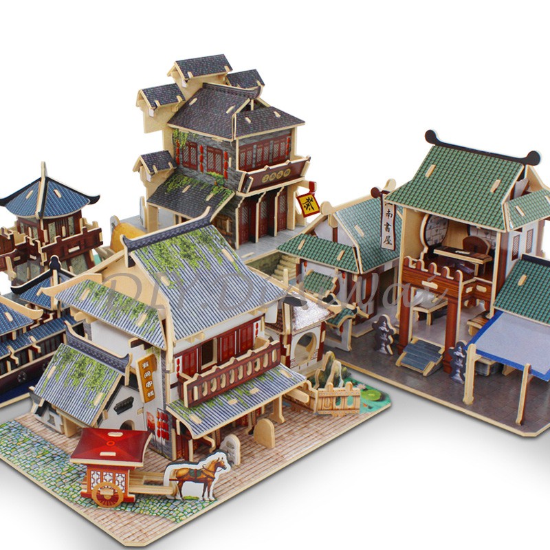 Puzzle 3D DIY bahan kayu rumah Jiang Nan cina mainan puzzle edukasi anak (pajangan dekorasi rumah)