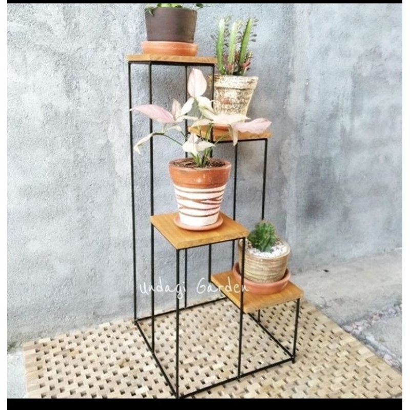 Rak Besi - Rak Pot Tanaman Bunga Hias- Rak pot besi alas kayu - Rak unik minimalis serbaguna