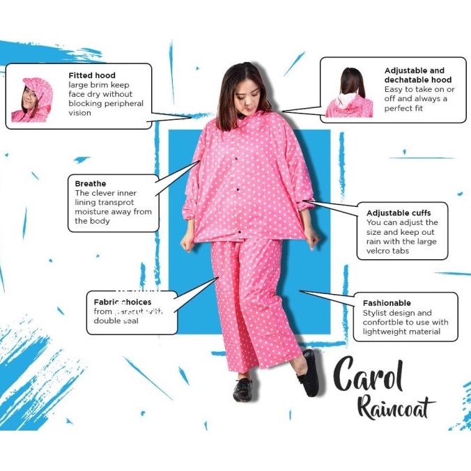 Jas Hujan Wanita Setelan Jaket Dan Celana Polkadot Carol Parasut Raincoat