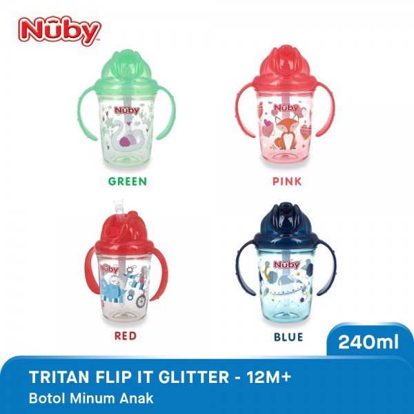 Nuby Tritan Flip It Glitter 12m+/240ml ( Botol Minum Straw )