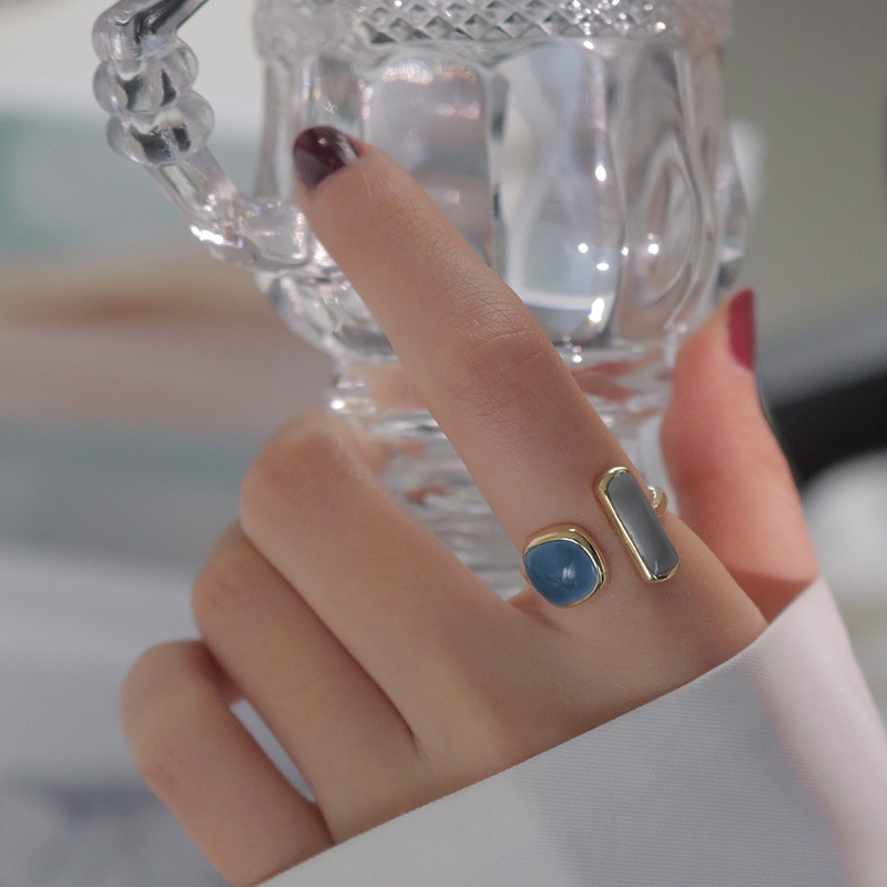 Cincin Model Terbuka Dapat Disesuaikan Motif Kotak-Kotak Biru Aksen Mutiara Gaya Vintage Korea Untuk Wanita