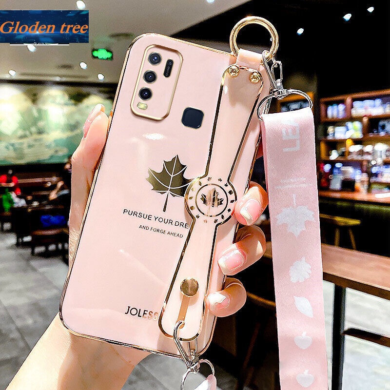 Case Motif Daun Maple Dengan lanyard Untuk Vivo Y50 Y30 Y30i