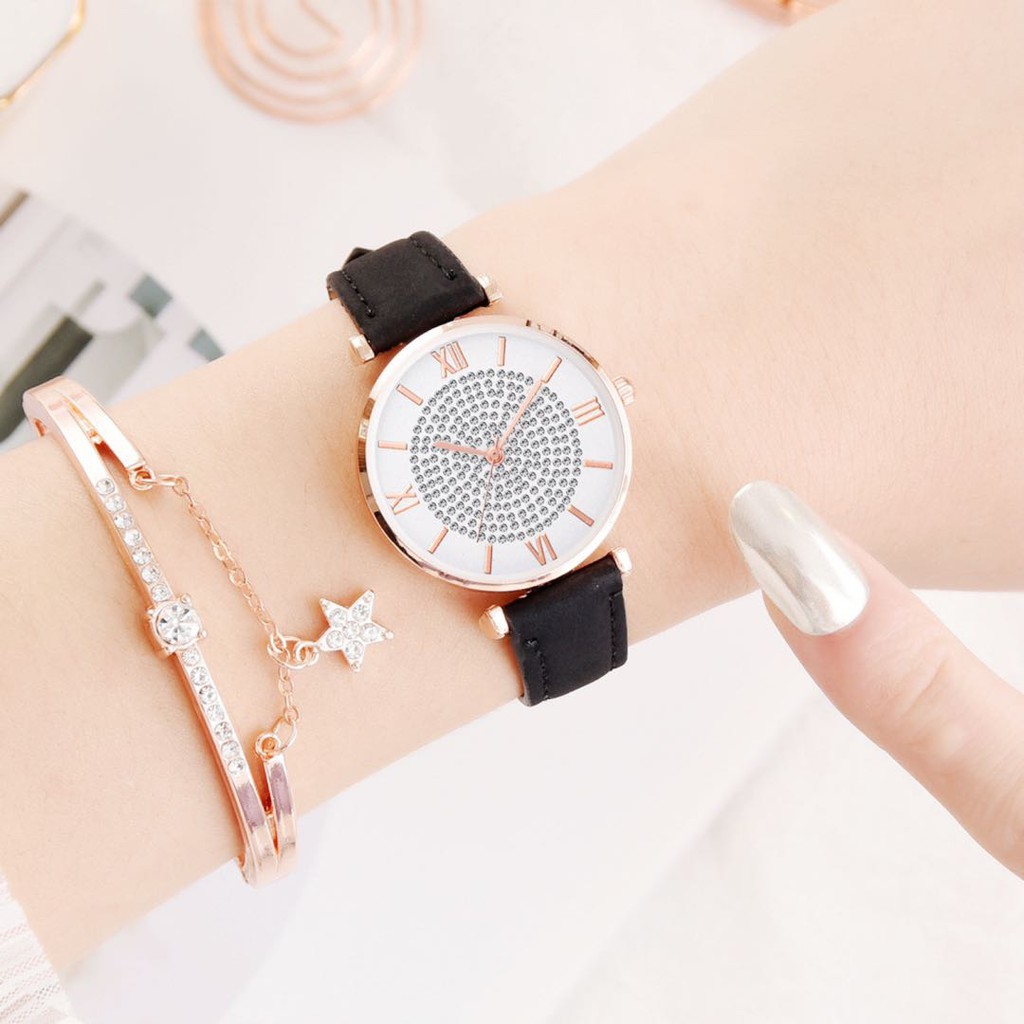 Jam Tangan Fashion Wanita Arloji Kuarsa Gelang Tali Dua Potong Starry PU Klasik Arloji/Jam Analog