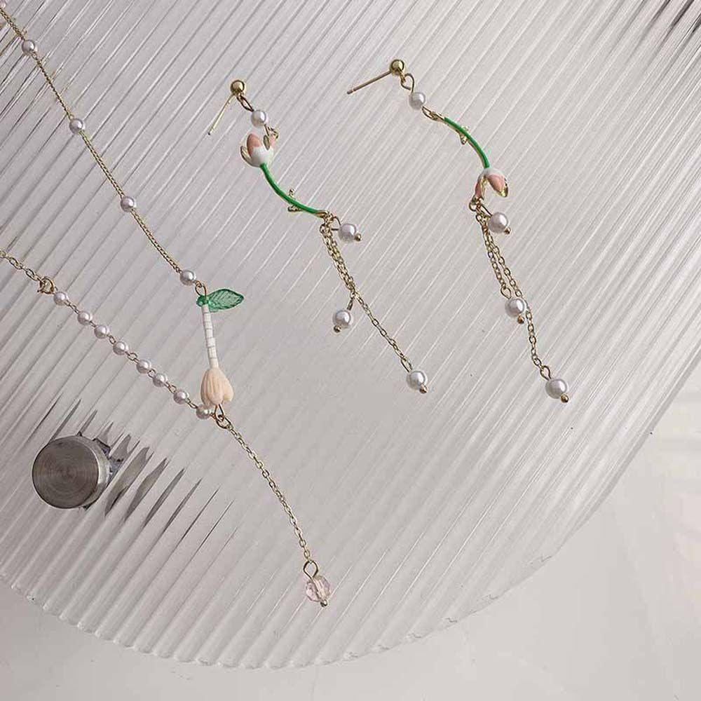 Mxbeauty Kalung Bunga Trendi Manis Asimetris Manik-Manik Mutiara Choker Gadis Gaya Korea Necklace