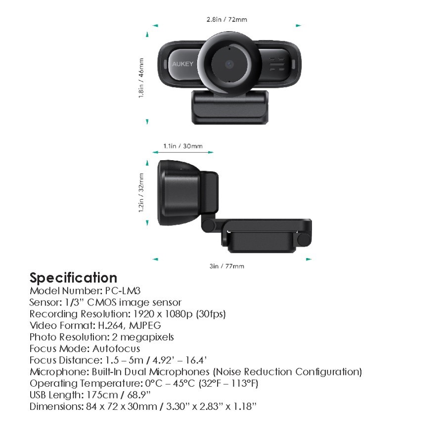 AUKEY PC-LM3 - STREAM Series - Autofocus 1080P Webcam - Web Camera Full HD untuk Desktop PC &amp; Laptop