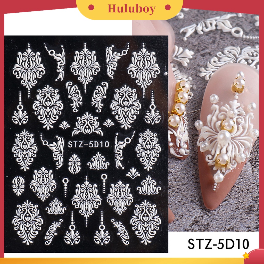 Huluboy Huluboy♡ Stiker Kuku Motif Bunga Timbul 5D Warna Putih Gaya Retro Untuk Dekorasi Manicure