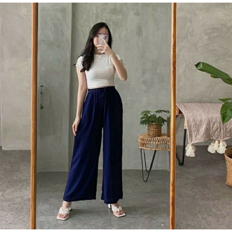 Celana Kulot Katun Linen Wanita Rami Highwaist Pinggang Karet Tali