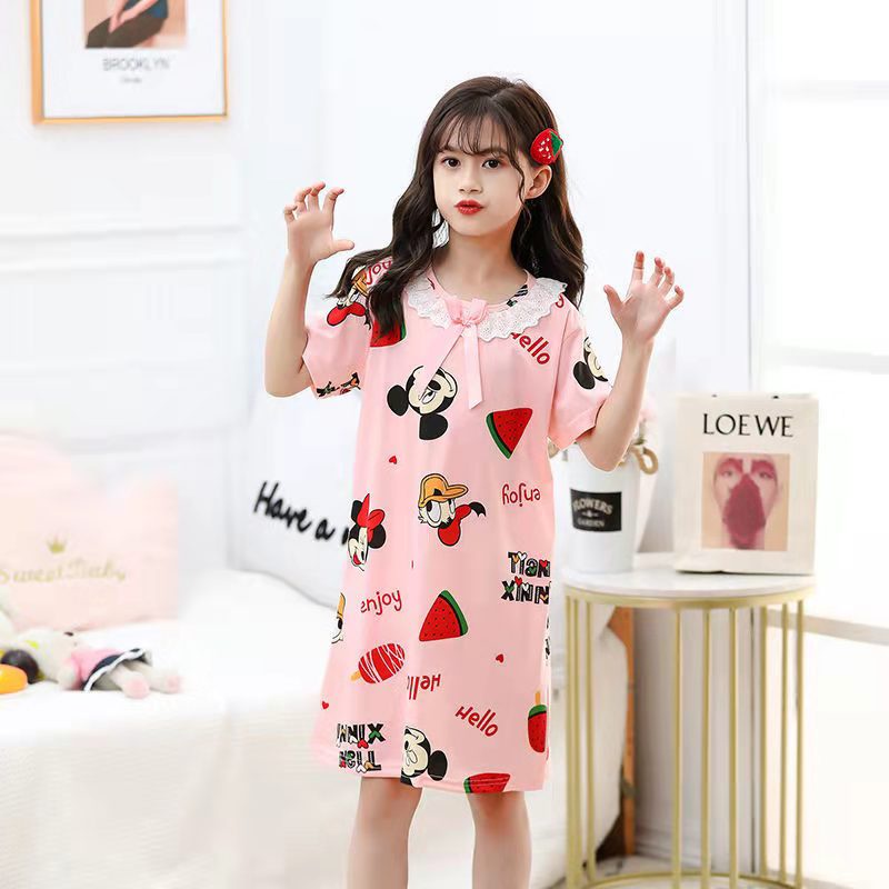 (Hello Girl)SY-01 Dress Tidur Anak Kerah Renda Motif  Kartun Import