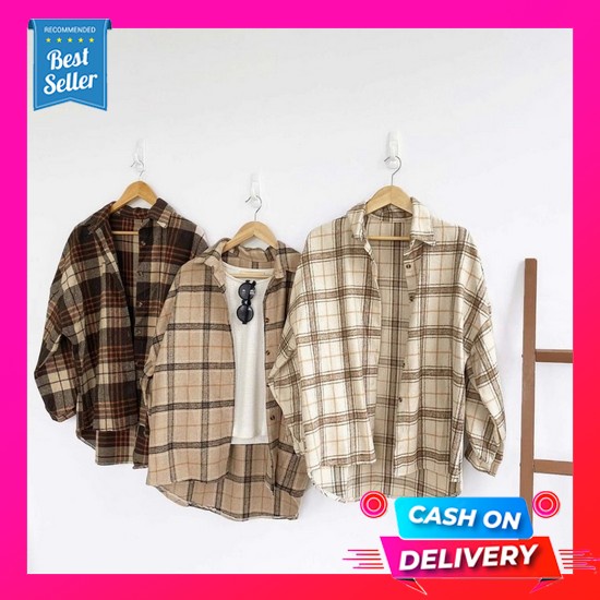 Hem Kemeja Wanita Kotak Casual Korean Style Kekinian Cewek Atasan Oversize Korea Friends Oversize Fl