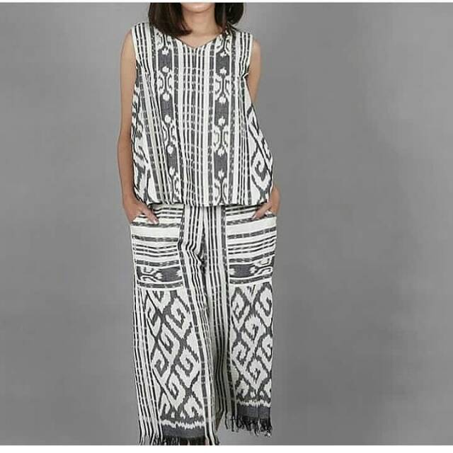 Set celana kulot dan atasan tenun etnic jepara kain troso