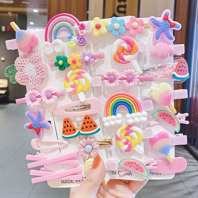 JEPITAN RAMBUT 14 PCS Lucu Anak-anak Korea Kartun Menangkap Jepit Rambut Mini Rainbow Cloud Girl Hiasan Kepala