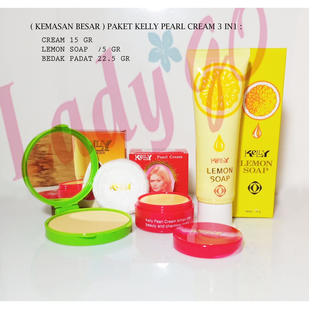 Paket Lengkap Kelly Pearl Cream 3 in 1 - Pearl Cream Kelly 15gr - Lemon Soap 15gr - Bedak Kelly Compact Beauty Powder Original BPOM