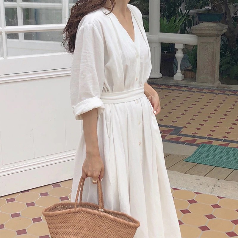 Gratis Ongkir Autumn Dress Women Cotton Linen Midi Elegant Dress V Neck Long Sleeve Korean Chic