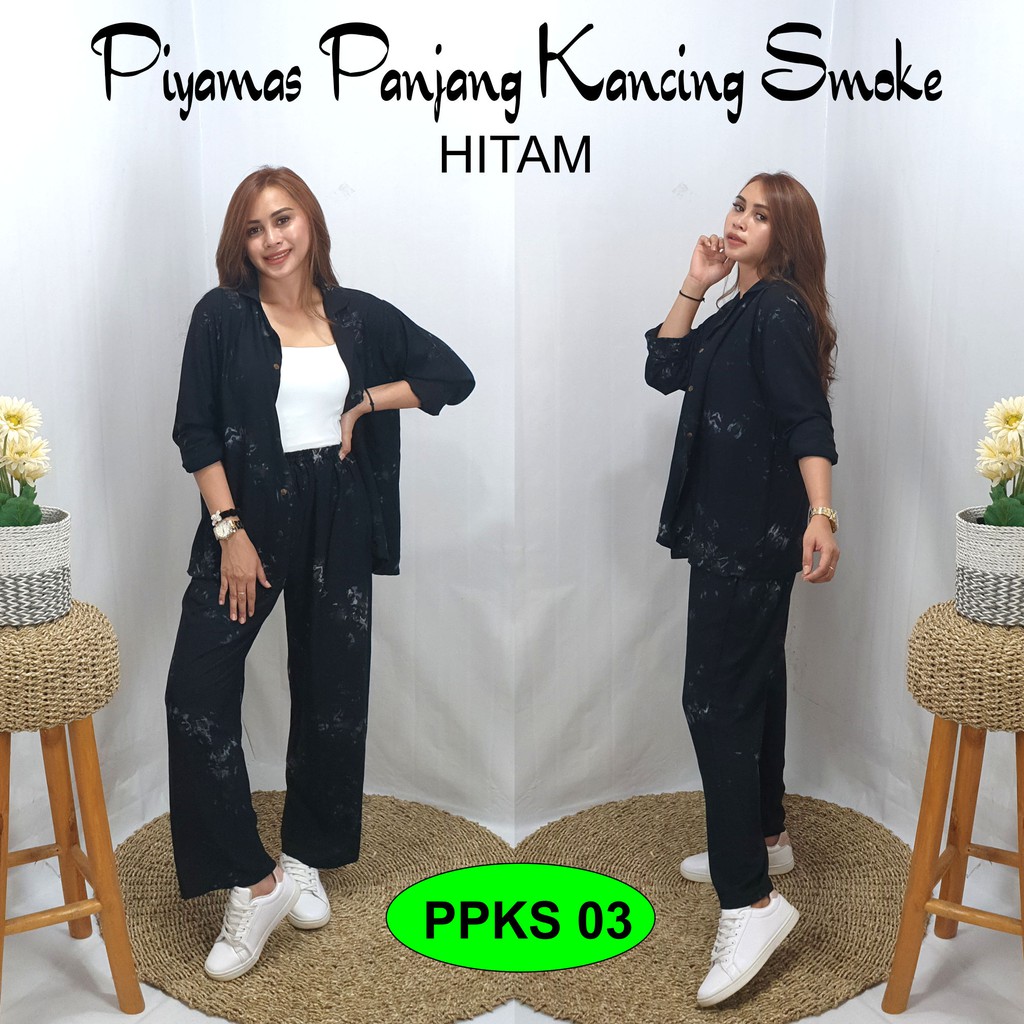 Piyama Lengan Panjang Motif Smoke Bahan Rayon Premium Untuk Remaja dan Dewasa Paling Murah