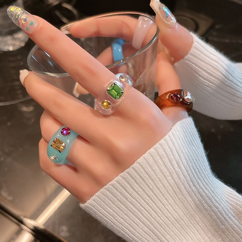 Korean Colorful Diamond Resin Ring Fashion Finger Rings Women Jewelry Accessories