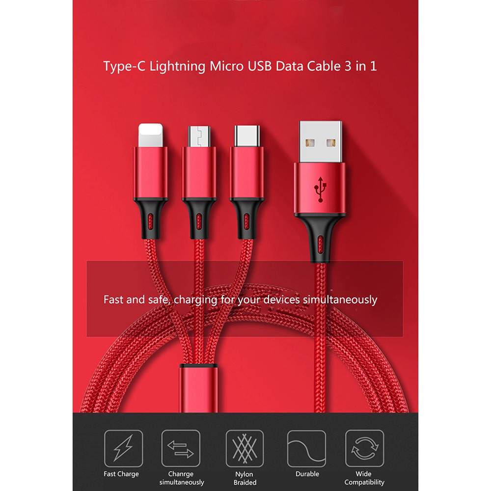 Kabel Charger HP 3in1 Kabel 3 Port Fast Charger Micro USB Type C Kabel HP 3 Device Fast Charge US186