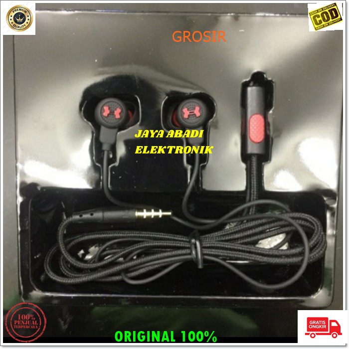 J334 HEADSET UNDER ARMOUR SUPER BASS HANDSFREE EARPHONE EARPOD IN EAR HF DOUBLE DUAL SUPER MIC STEREO CALL HIFI CABLE KABEL MUSIK TELPON HP MEGABASS HANDPHONE AUDIO SUARA SMULE KARAOKE  BISA SEMUA JENIS HP  Jack 3.5 mm tiga garis  kabel kuat dan