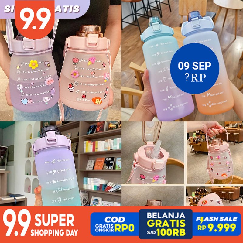 【COD】Botol Motivasi Korean Style 5 Ukuran 1100ml/1400ml/2000ml Bonus Stiker