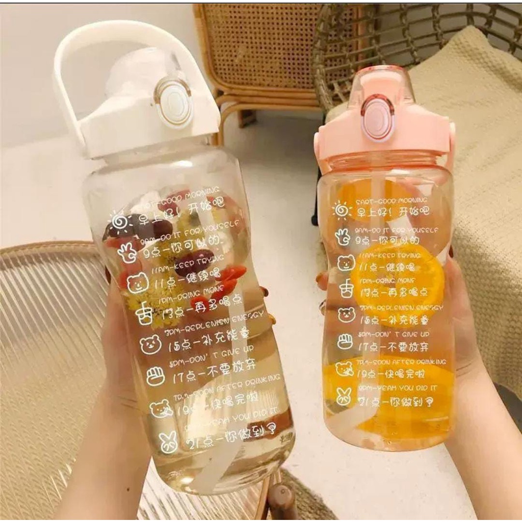 Botol Minum Motivasi Botol Minum Dewasa Dengan Tutup Flip Straw Botol Minum 1600ML Botol Minum 2L Botol Minum 2000ML Botol Minum Olahraga Botol Minum Penanda Waktu