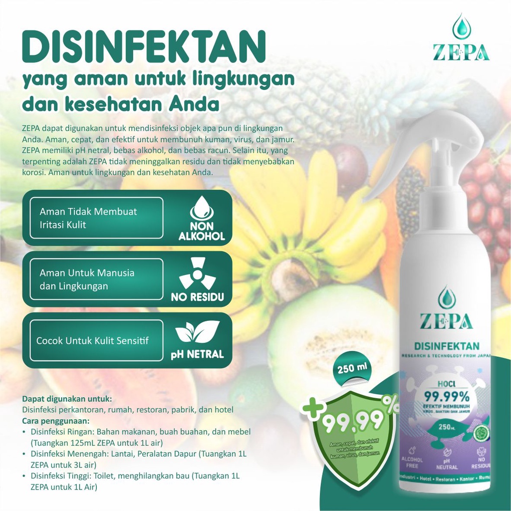 Disinfektan Spray Cair NON ALKOHOL 250ml ZEPA Original / Desinfektan Food Grade HOCl ZEPA / Hocl