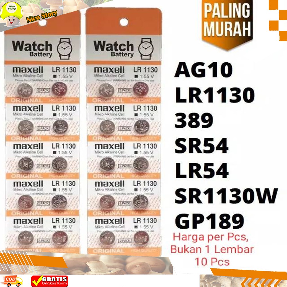 (NCS) Baterai Batre Kancing Battery Jam Tangan Maxell AG10 LR1130 LR 1130 SR54 LR54 GP189 Tutup Pentil LED