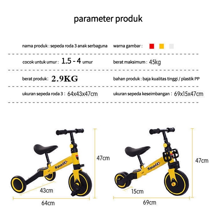 sepeda balance bike anak 3 in 1/ Sepeda Anak 3 Roda / Mainan Anak Balance Tricycle sepeda anak