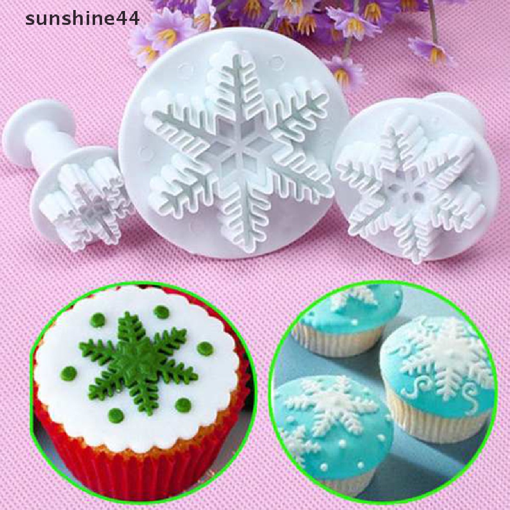 Sunshine 3pcs Cetakan Plunger Fondant Bentuk Snowflake Natal Untuk Dekorasi Kue