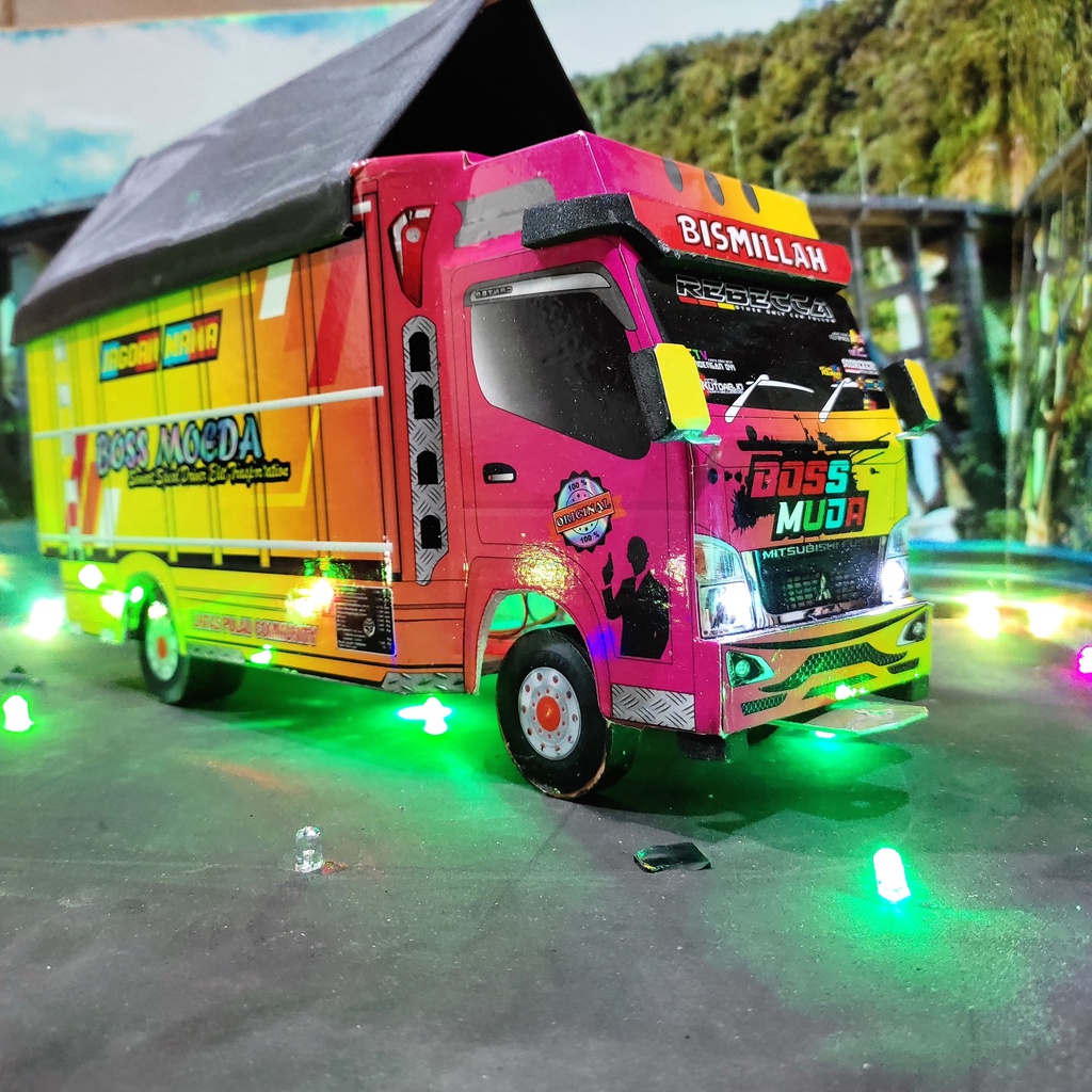 Truk Oleng Miniatur Kayu Asli  Full Variasi Bos Muda Lampu Kelap Kelip Terpal Roda Kayu Mainan Anak 