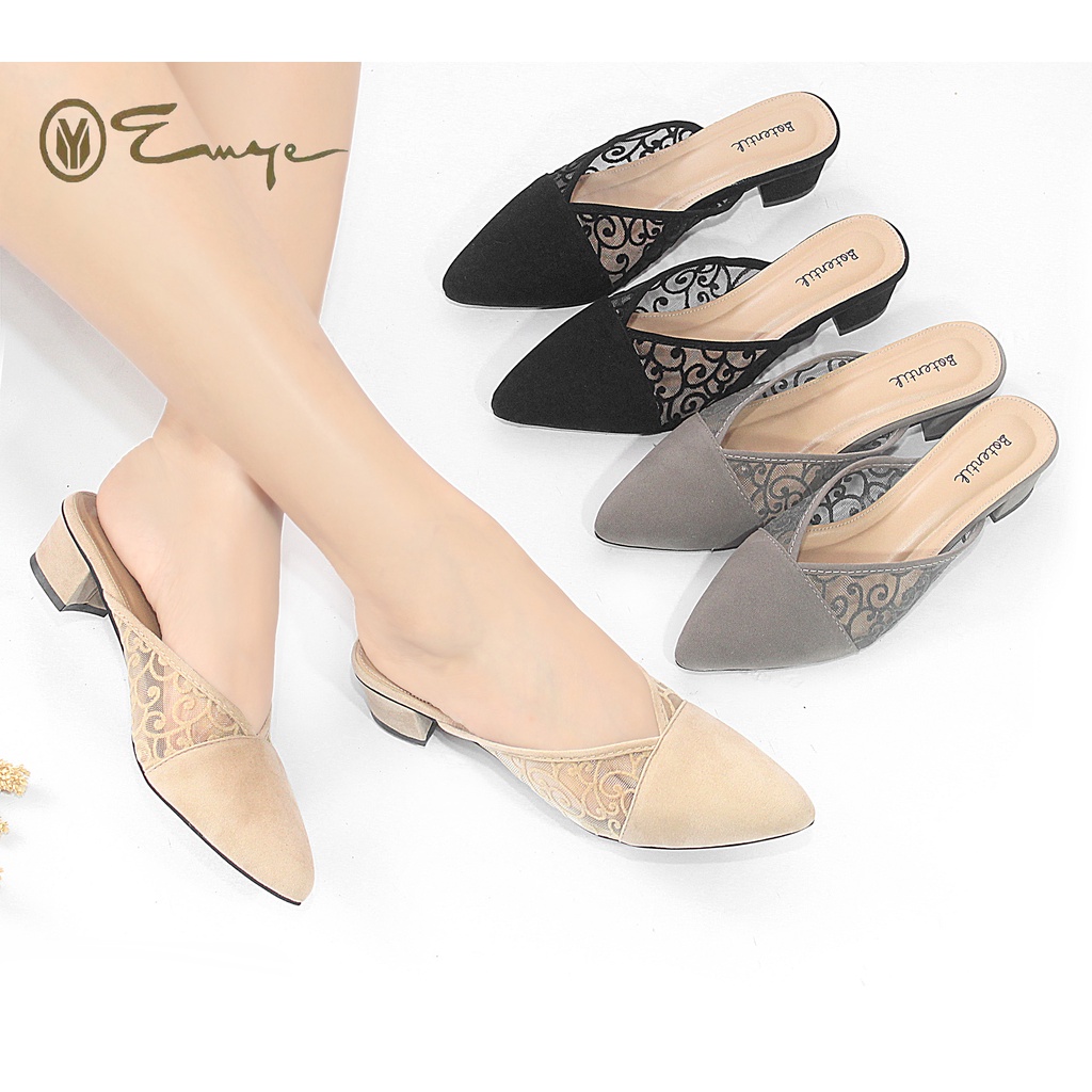 Sandal Pesta Mules Wanita Hak Tahu Brukat Transparan 3cm Emye