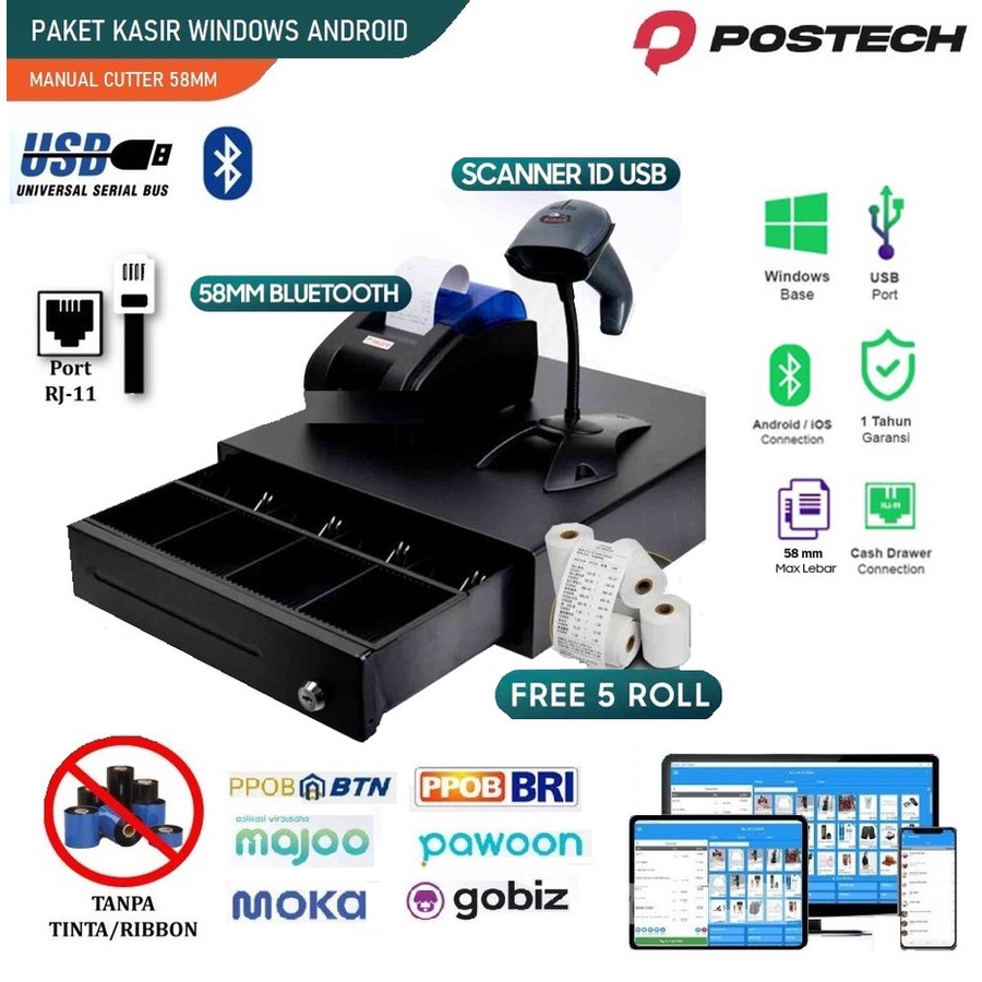 PAKET ALAT KASIR BLUETOOTH + USB ANDROID WINDOWS SUPP GOBIZ MOKA