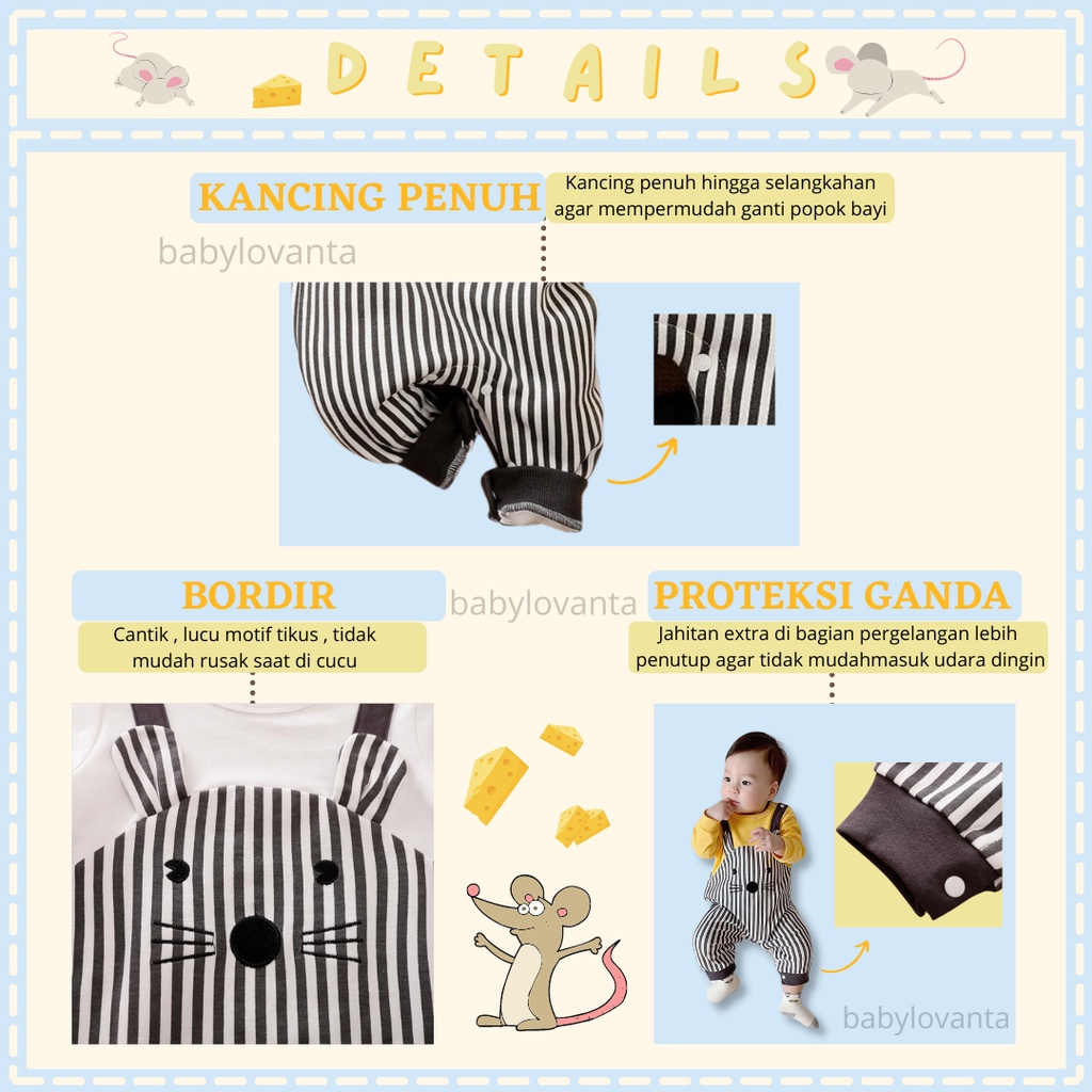 Baju bayi import jumper bayi newborn motif Tikus lucu bahan katun anti gerah jumpsuit bayi