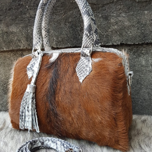 Tas speedy bulu kambing asli mix kulit ular python asli