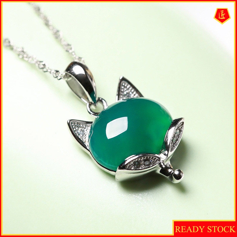 [Ready Stock]Fashion Personality Inlaid Green Chalcedony Fox Pendant Silver Necklace