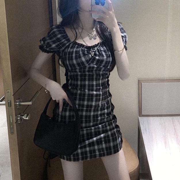 Korean Tartan Puff Sleeve Mini Dress 2401 (S-XL)