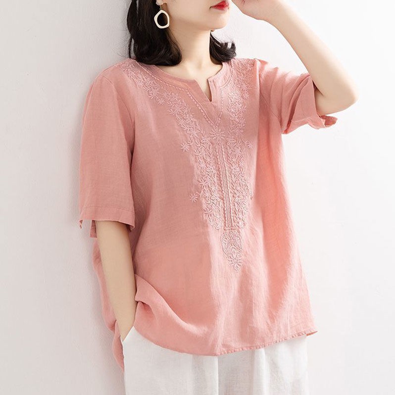 Blus Bordir Lengan Pendek Wanita Musim Panas Katun Linen 6 Warna