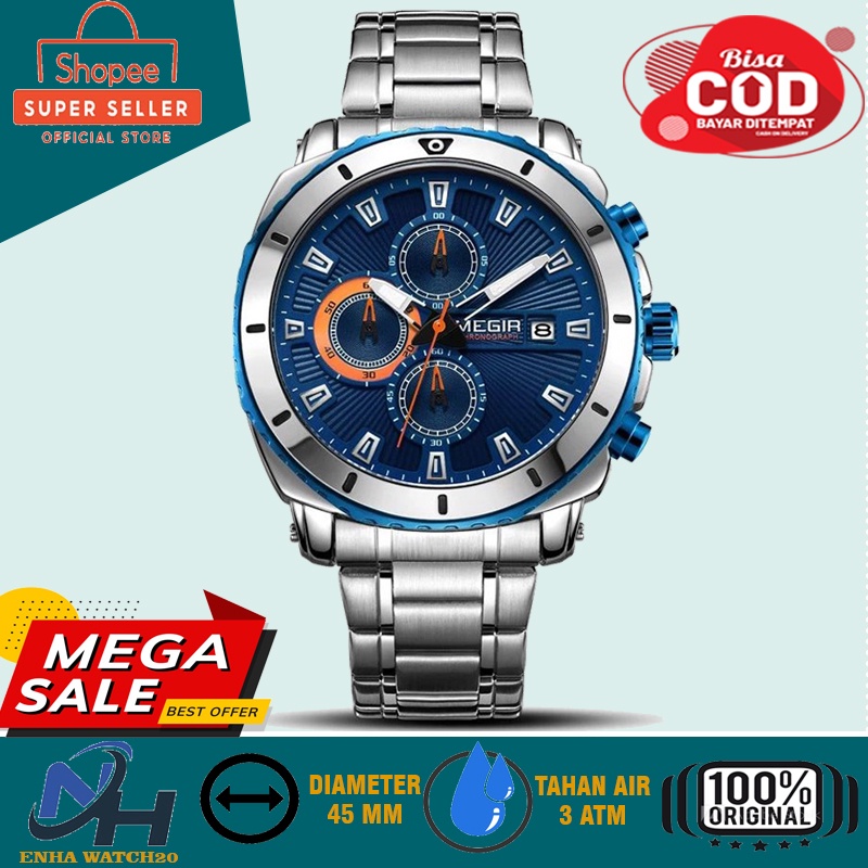 PROMO  Jam Tangan Pria Analog MEGIR 2075 Chronograph Stainless Steel Sport Analog Elegan Water Resis