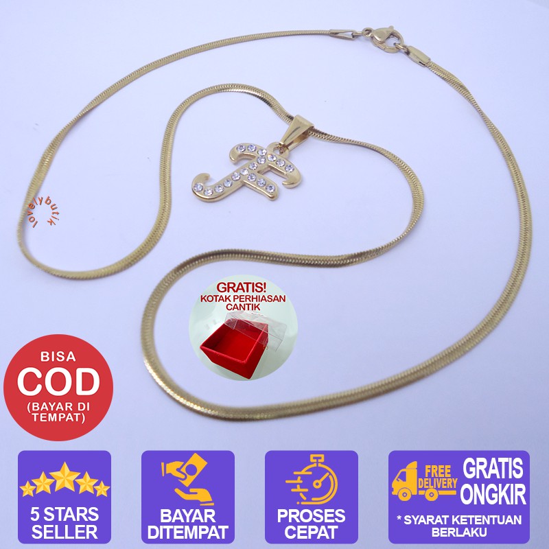 Lovelybutik Honey Kalung Huruf Titanium Anti Karat Inisial F Uk 45 cm BONUS KOTAK PERHIASAN