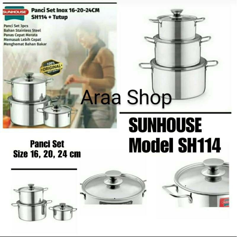 Panci Set SUNHOUSE Stainless Steel Pot Set/Set Panci Inox SH114 (Size:16-20-24cm)