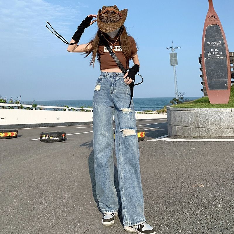 celana jins wanita kekinian straight jeans celanan jeans high waist wanita korean style jeans wanita ripped jeans cewek ootd fashion ripped jeans wanita