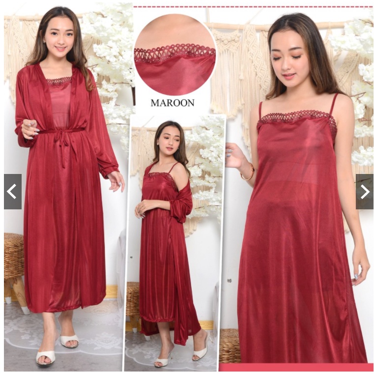 hokyfashion Baju Tidur Jubah Long+Inner Kimono Satin-Maroon