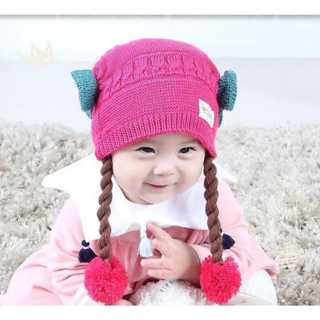 Kupluk Pompom Polos Bayi Model Kepang Imut Cute Usia 1 Bulan - 3 Tahun Bahan Rajut