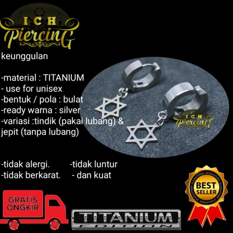 anting titanium gantung model hexagram silver / anting tindik dan jepit / anting Korea /ICH PIERCING