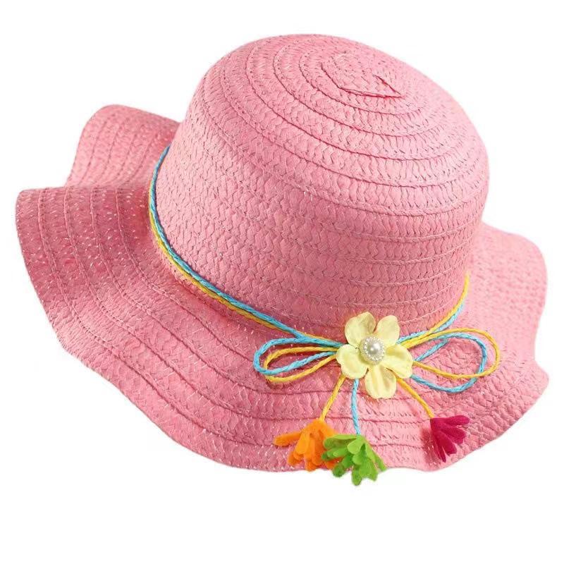 Topi Pantai Anak Jerami  Import T53-Pink Tua