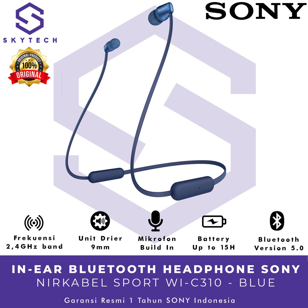 EARPHONE BLUETOOTH SONY WI C310 BLUE ORIGINAL GARANSI RESMI