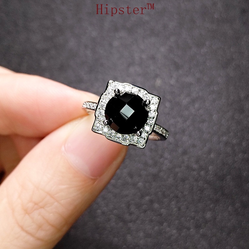 Popular European and American Goths Style Creative Inlaid Square Black Agate Ring