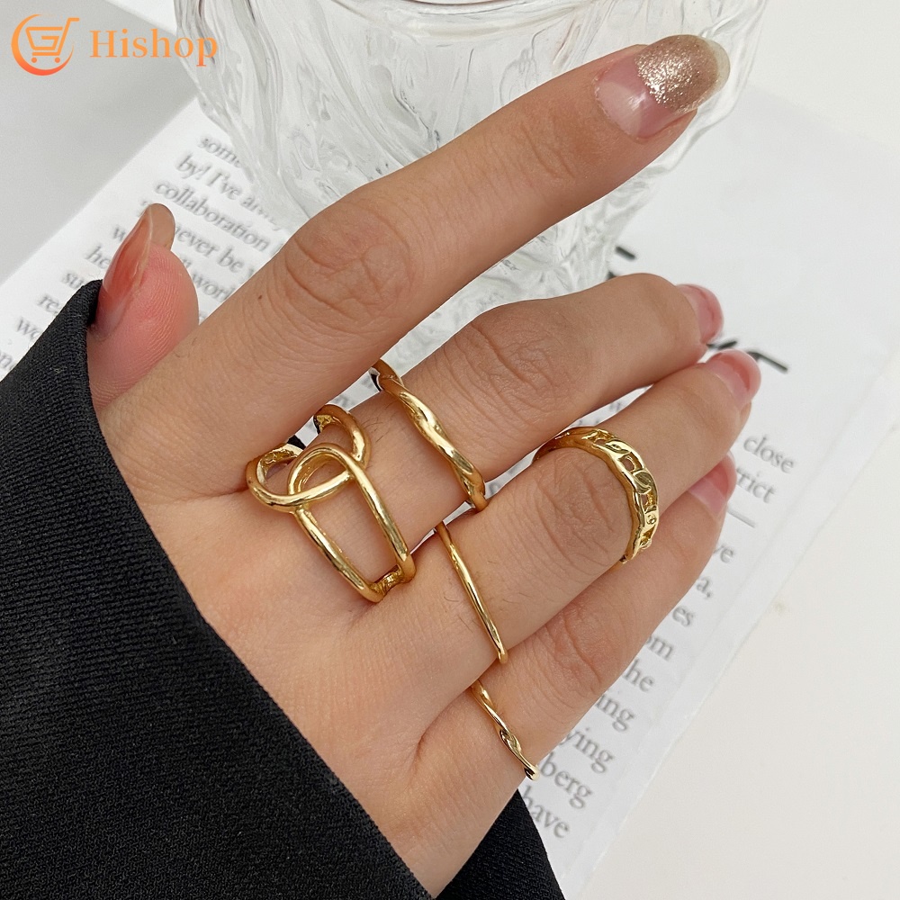 5pcs / Set Cincin Model Twist Adjustable Bahan Metal Warna Emas Untuk Wanita