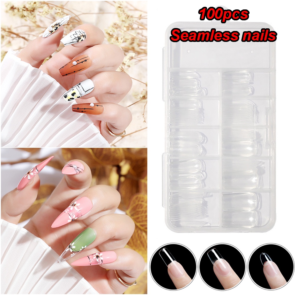 MXBEAUTY 100Pcs/box Ballerina False Nails Acrylic Press on Nails Nail Art Tools Artificial French Seamless Transparent Women Girls Full Cover Coffin Fake Nails