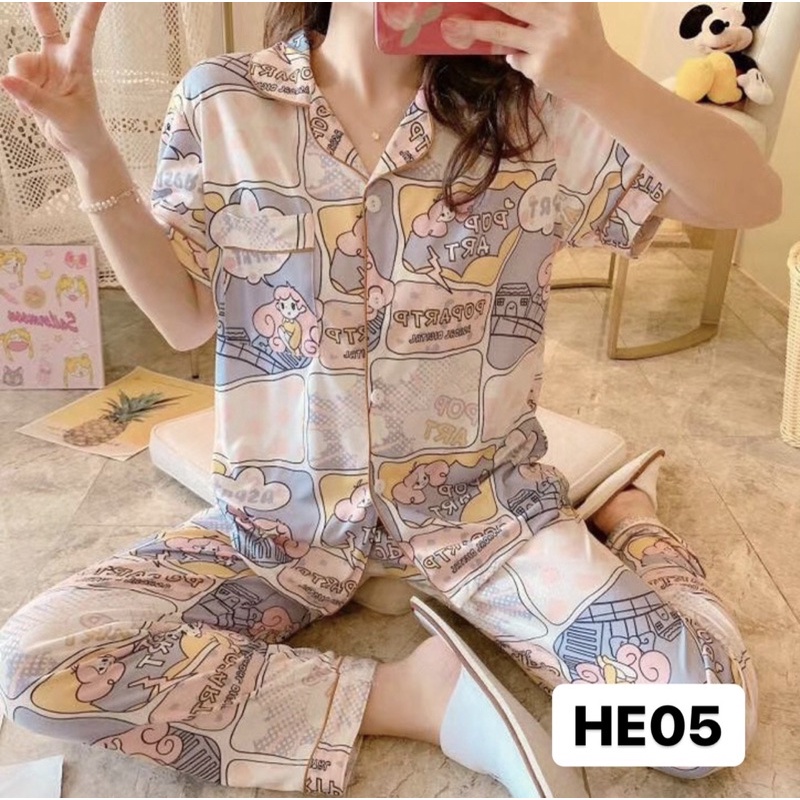 BAJU TIDUR PIYAMA SET KEMEJA CP LENGAN PENDEK CELANA PANJANG IMPORT PREMIUM BANYAK MOTIF Kode HE-4