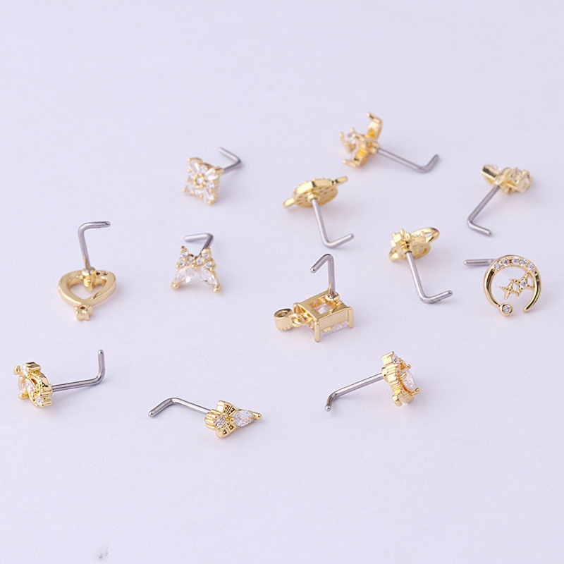 1pc Anting Tindik Hidung Bentuk L Bahan Stainless Steel Dengan Zircon 20Gauge